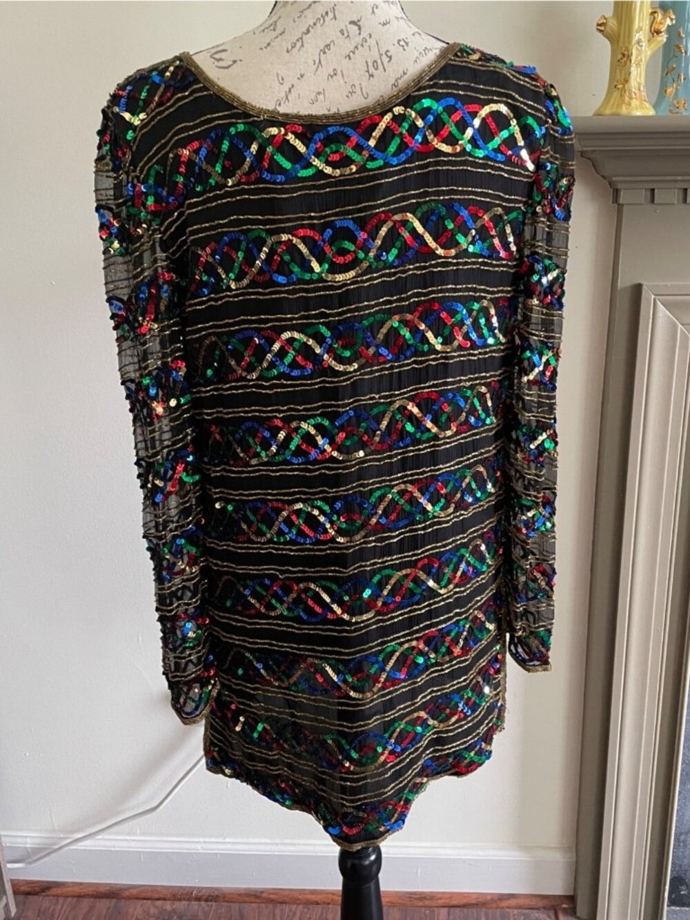 Vintage Stenay Silk Rainbow Sequin Shirt Scoop Neck Blouse Top Showgirl Sparkle - Picture 10 of 14